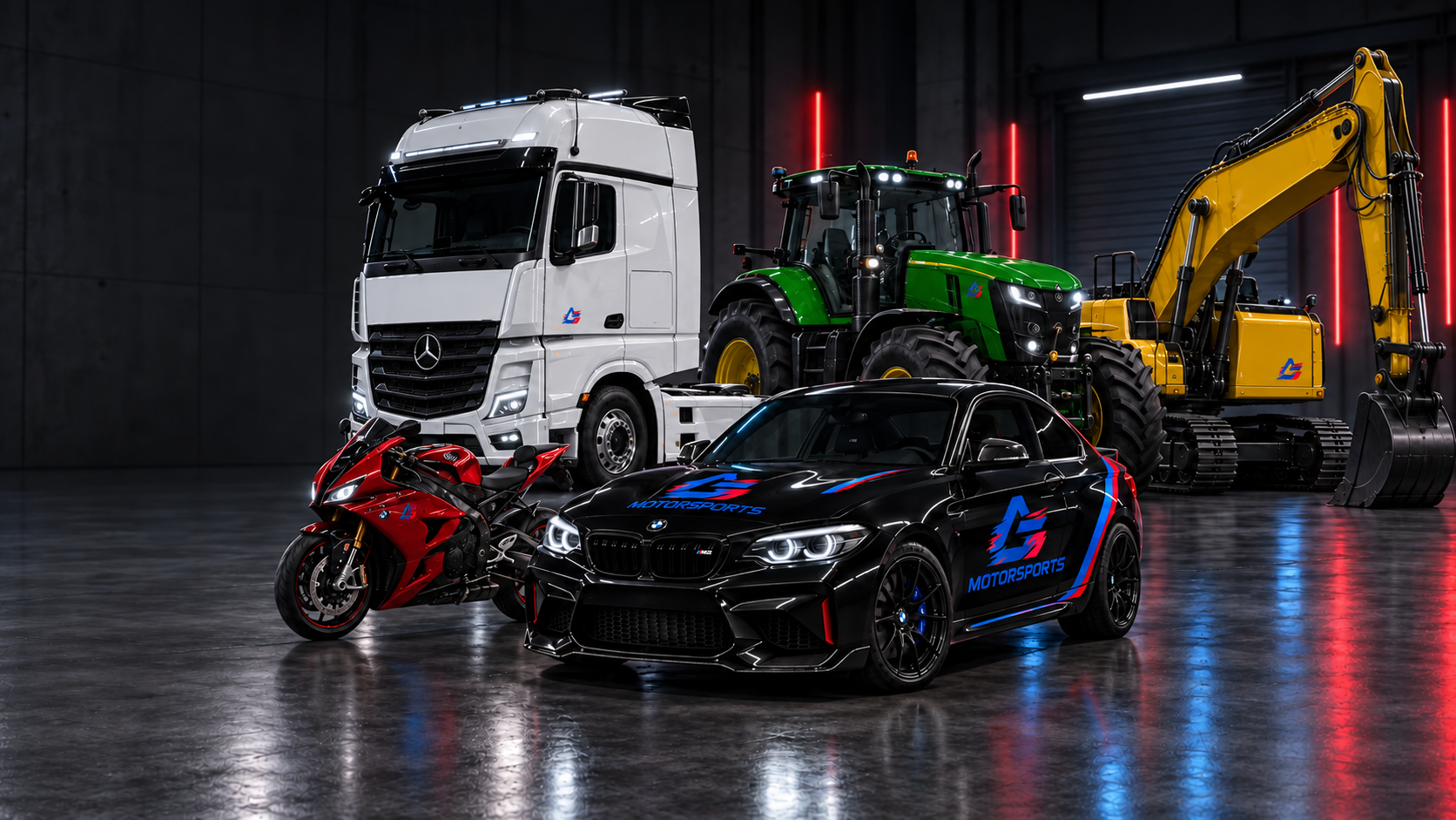 Création visuelle : BMW M2 noire en livrée AG Motorsports, moto rouge, camion blanc, tracteur agricole vert et pelle de chantier jaune